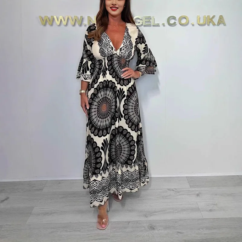 봄 여성의 높은 허리 Boho 드레스 새로운 레트로 인쇄 v-목 휴가 드레스 여름 패션 나비 슬리브 느슨한 통근 드레스