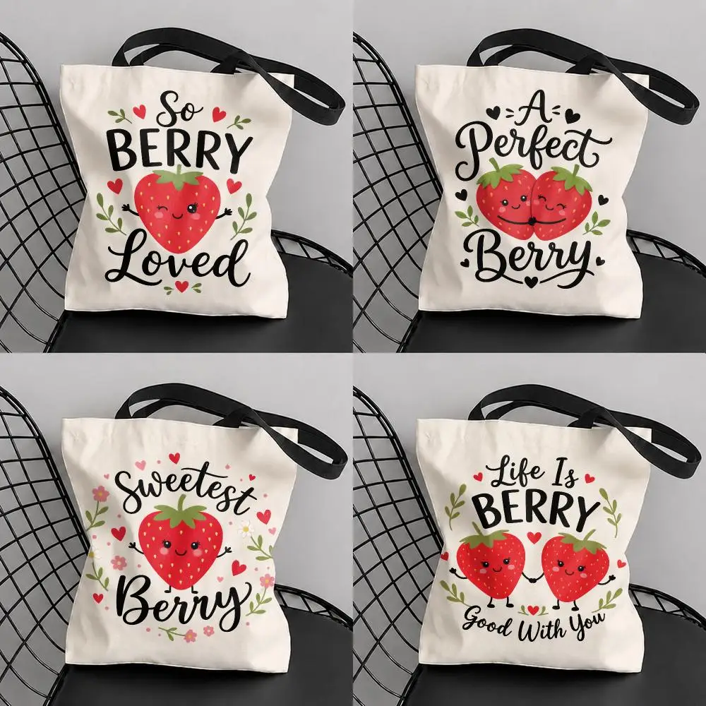 Berry Sweet Romance Storage Bags Large Capacity Canvas Tote Bag Reusable Shoulder Handbag for Daily Shopping Travel