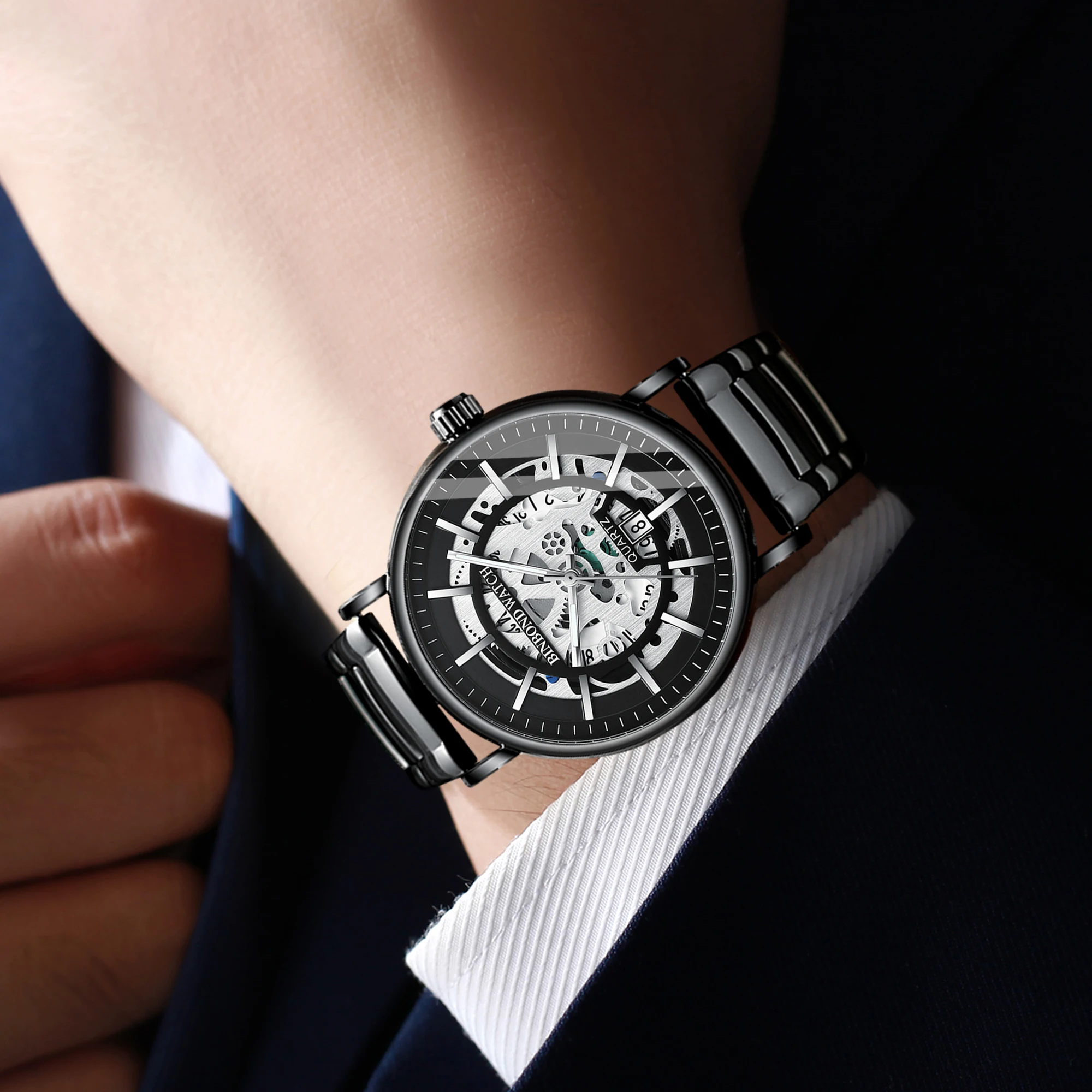 BINBOND Деловые часы Модные и простые мужские часы со скелетом Элитный бренд Водонепроницаемые светящиеся кварцевые часы