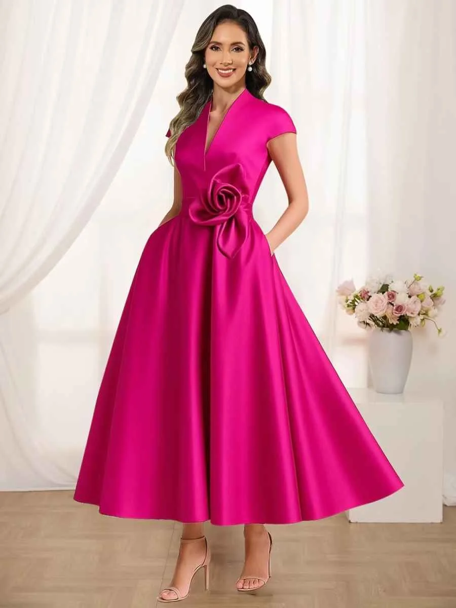 

Customized Mother of The Bride Dress Satin V-Neck Cap Sleeves Wedding guest dress A-line Tea Length Formal Evening Dress