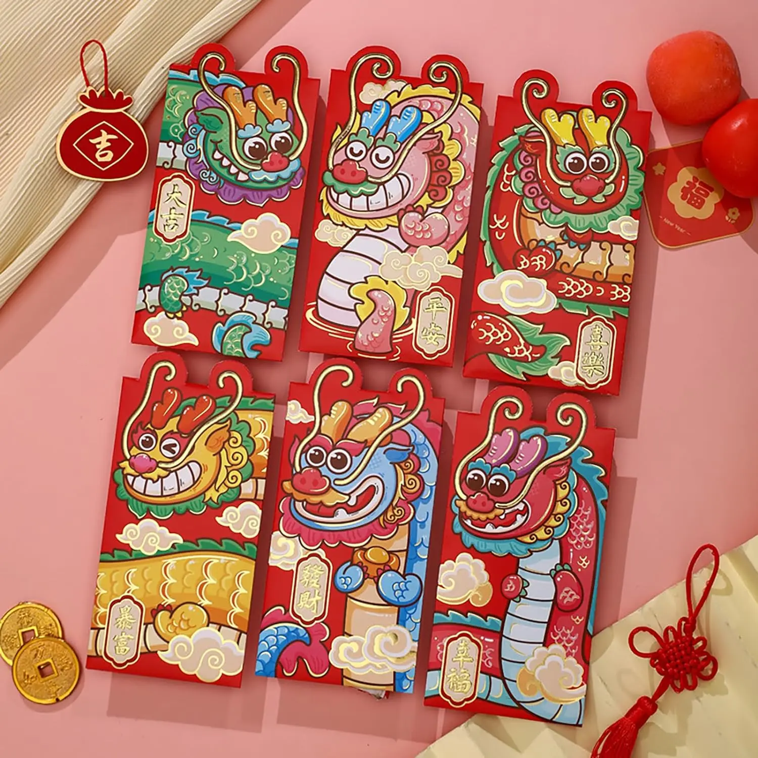 Envelopes vermelhos chineses com dragão dos desenhos animados, bolsos de dinheiro sortudo, hong bao, ano novo, 36 peças, 2024