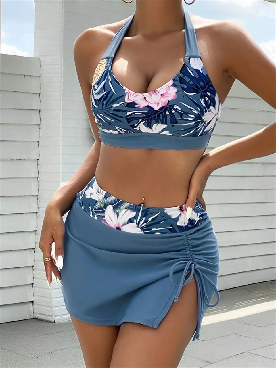 Lace Up Back Halter Swimsuit Two Piece Print Drawstring Swimwear 2024 Women Bather Bathing Swimming Suit Female Padded Beachwear