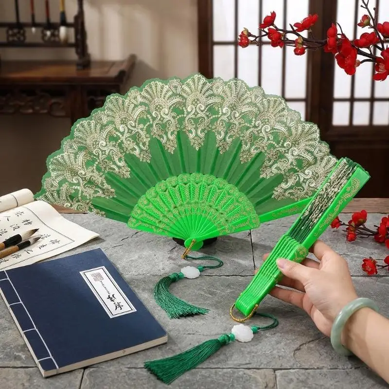 Vintage Green Lace Folding Hand Fan With Tassel Gold Embroidery Handheld Fan Elegant Fan For Dance Wedding Cosplay Photo Props