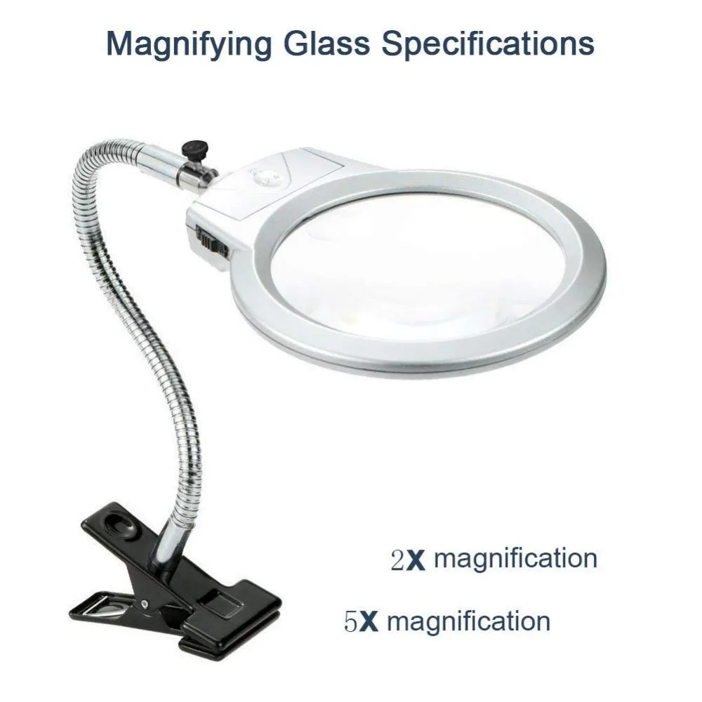 360 Degrees Adjustable Illuminated Folding Magnifying Lamp 2 X 5X Lens For Reading And Close Work Clip On Magnifier Glass