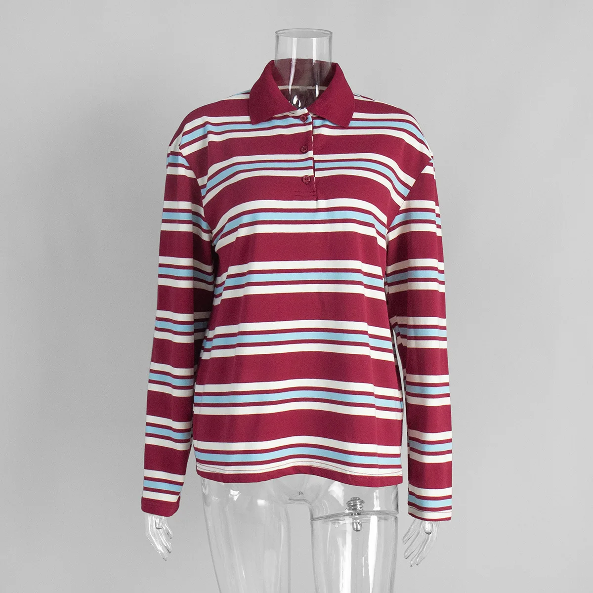 Autumn Casual Stripes Contrast Long-sleeved T-shirt Women Button Lapel Polo Shirt Tshirts New Streetwear Retro Chic Tops 2025 - Image 5