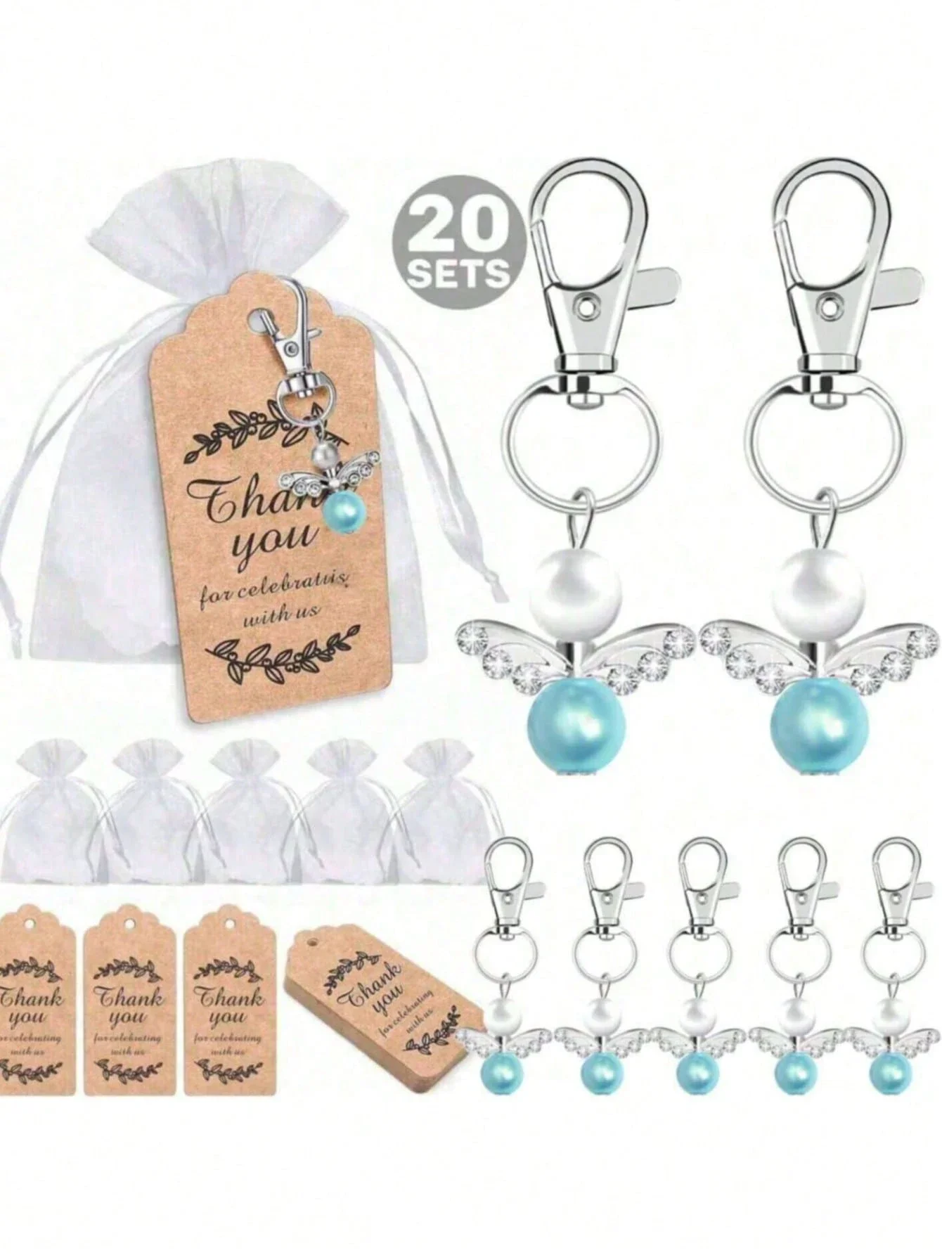 

20pcs Angel Wing Keychains With Thank You Tags And Organza Bags For Wedding Baptism Gift