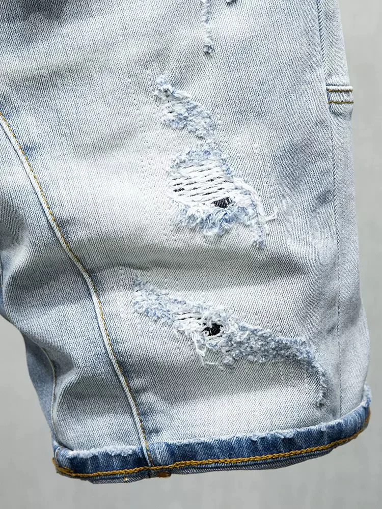 Summer Fashion Men Jeans High Quality Retro Light Blue Spliced Stretch Ripped Denim Shorts Men Vintage Casual Shorts Hombre