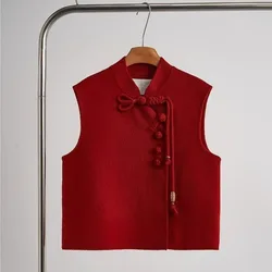 2025 Chinese Style Red Vest Disc Buckle Sleeveless Vest Short Jacket Elegant Temperament Festival Party Women's Winter Clothing