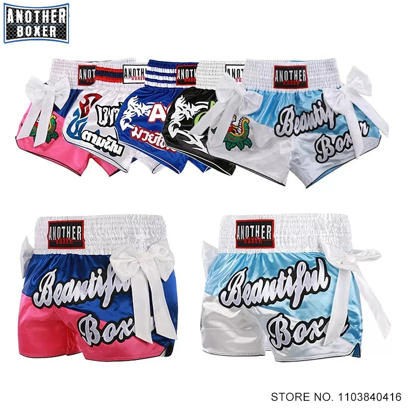 

Muay Thai Shorts Men Women Kids Boxing Shorts Bow Tie Ribbons Martial Arts MMA Clothing Combat Cage Fighting Kickboxing Shorts