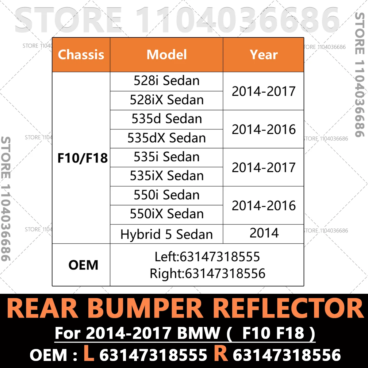 For 2014 2015 2016 2017 BMW F10 F18 528i 528iX 535d 535dX 535i 535iX 550i 550iX Hybrid 5 Rear Bumper Reflector