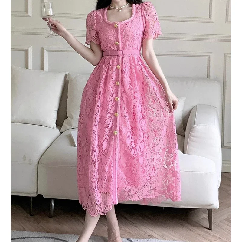 Golden Button Pink Lace Women Dress Bodycon  Summer Square Neck Elegance Dresses Female Evening Hollow Out Clothing Luxury