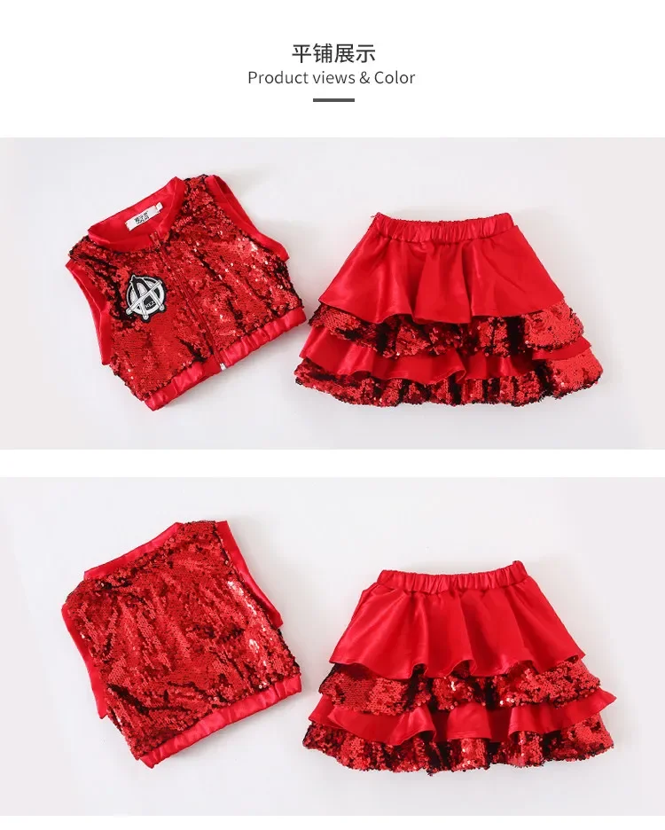 Mädchen Kinder Pailletten Jazz-Tanzkostüm Modern Dance Cheerleading-Outfit Kindergarten Bühnenkostüm Tanzrock-Set – Detail 1