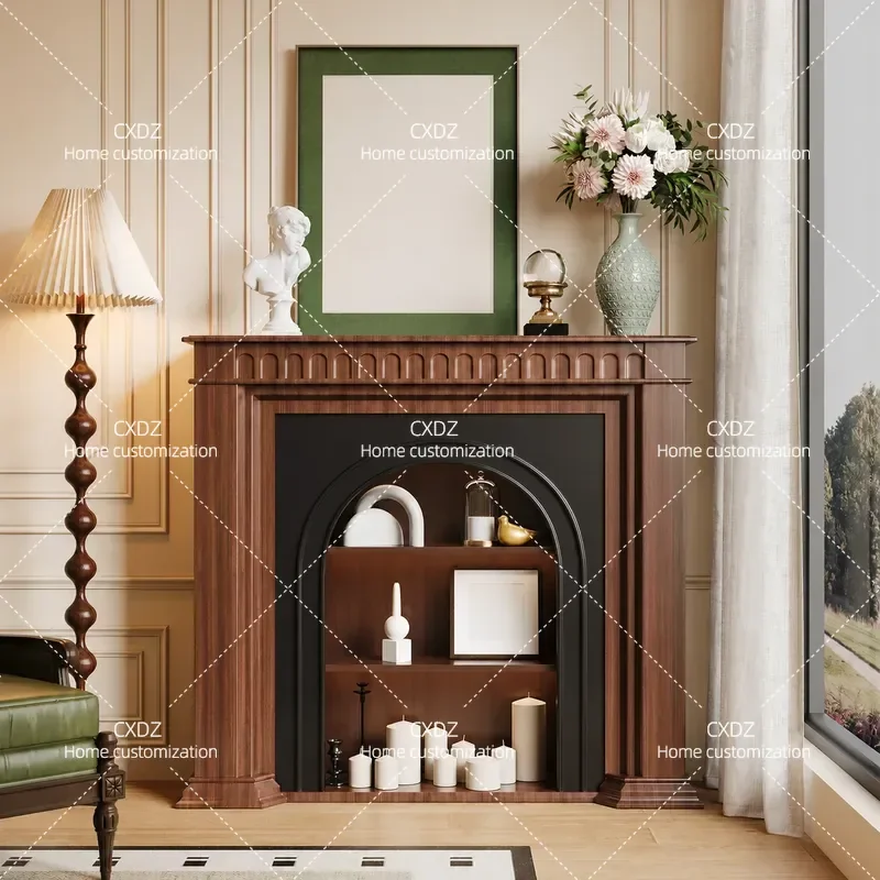 French Style Fireplace Decorative Cabinet Living Room Flame Simulation Fire Antique Door Cabinet Solid Wood Rack Facing The