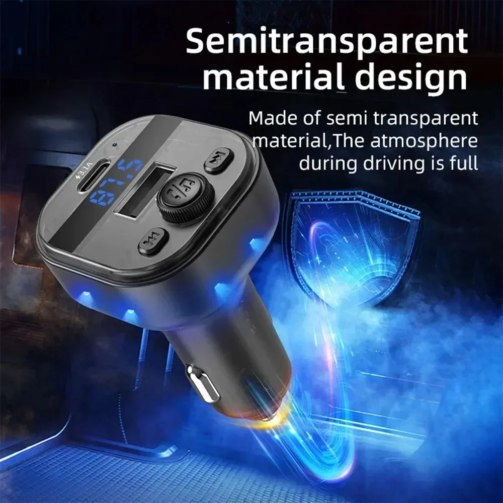 

Bluetooth 5.0 Car FM Transmitter PD Type-C Dual USB Ambient Player MP3 Charger Type-C Wireless Light 18W Handsfree PD QC3.0 Y3Z