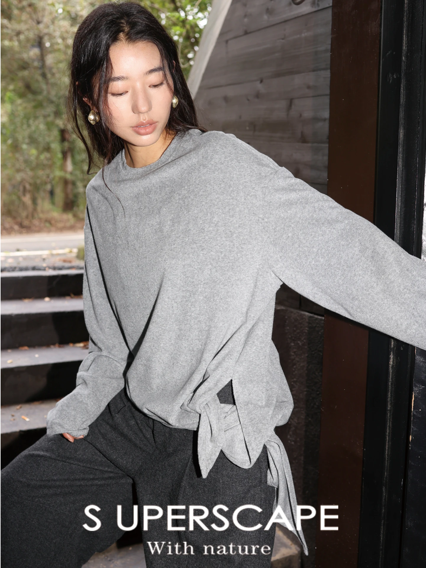 

Skin-friendly Comfortable Long Sve T-irt Loose Fit round Ne Slit Design Casual Sle Women's Top Cotton Polyester Blend