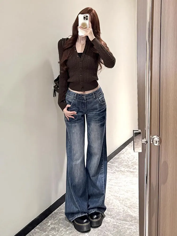 

Американские ретро-джинсы-клеш женские, свободные, широкие, в пол, с низкой посадкой, джинсовые брюки, повседневные, удобные