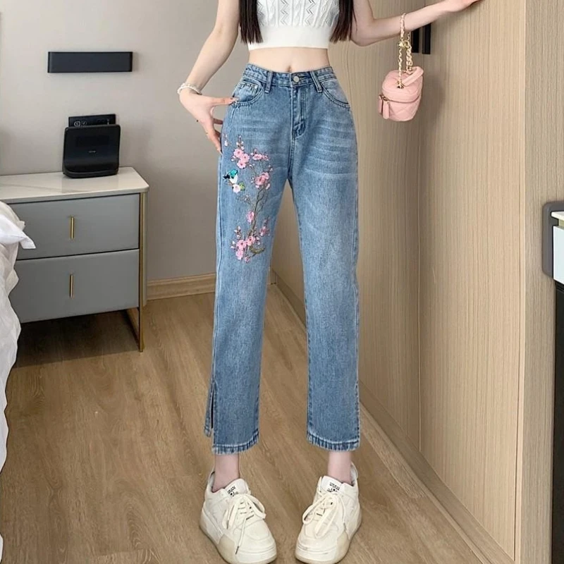 

Fashionable Women Straight Denim Pants 2026 Embroidery Design Slim Fit Cropped Ankle Opening Chic