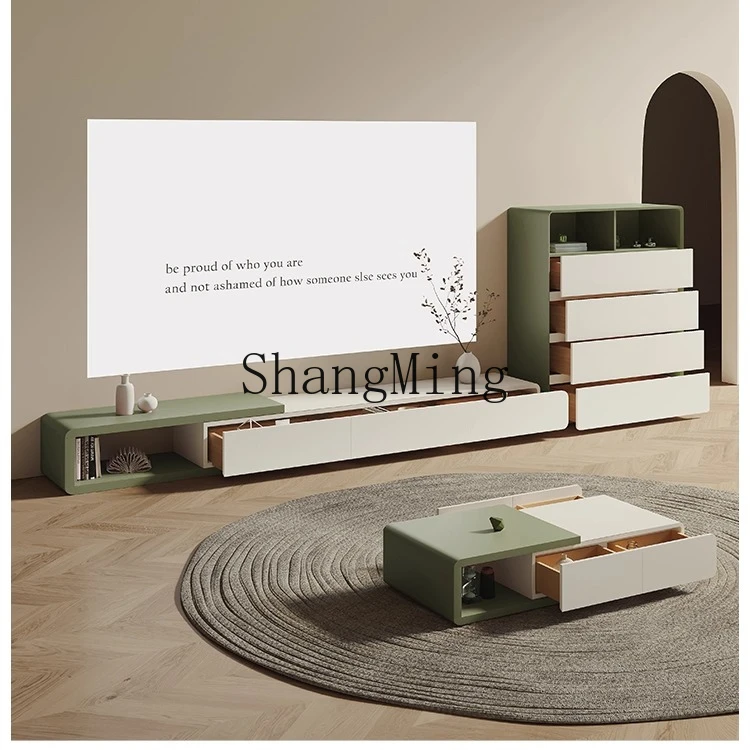 

SM solid wood painted living room small apartment modern simple floor-to-ceiling telescopic TV cabinet coffee table combination