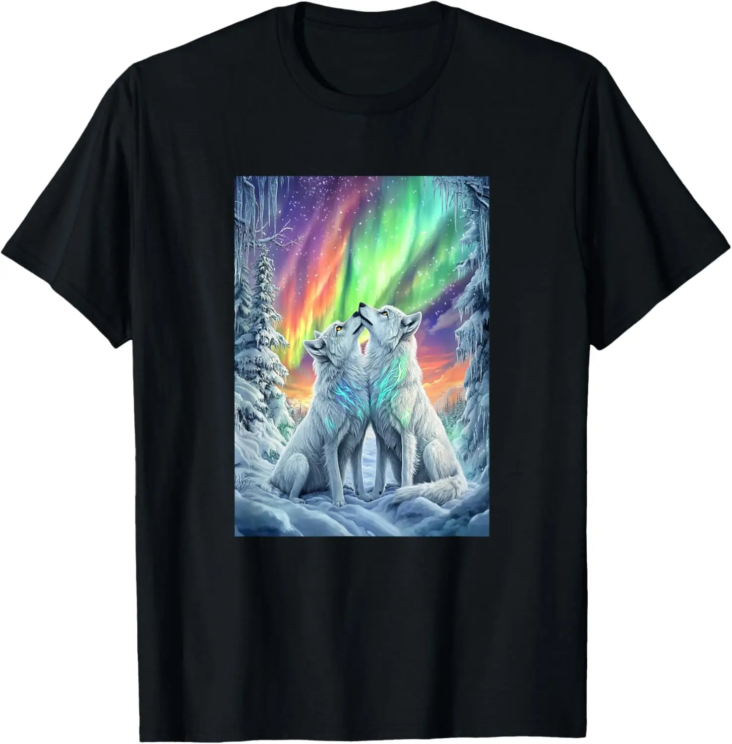 Colorful Northern Lights Wolves Nature Mtn Winter Girls Wolf T-Shirt