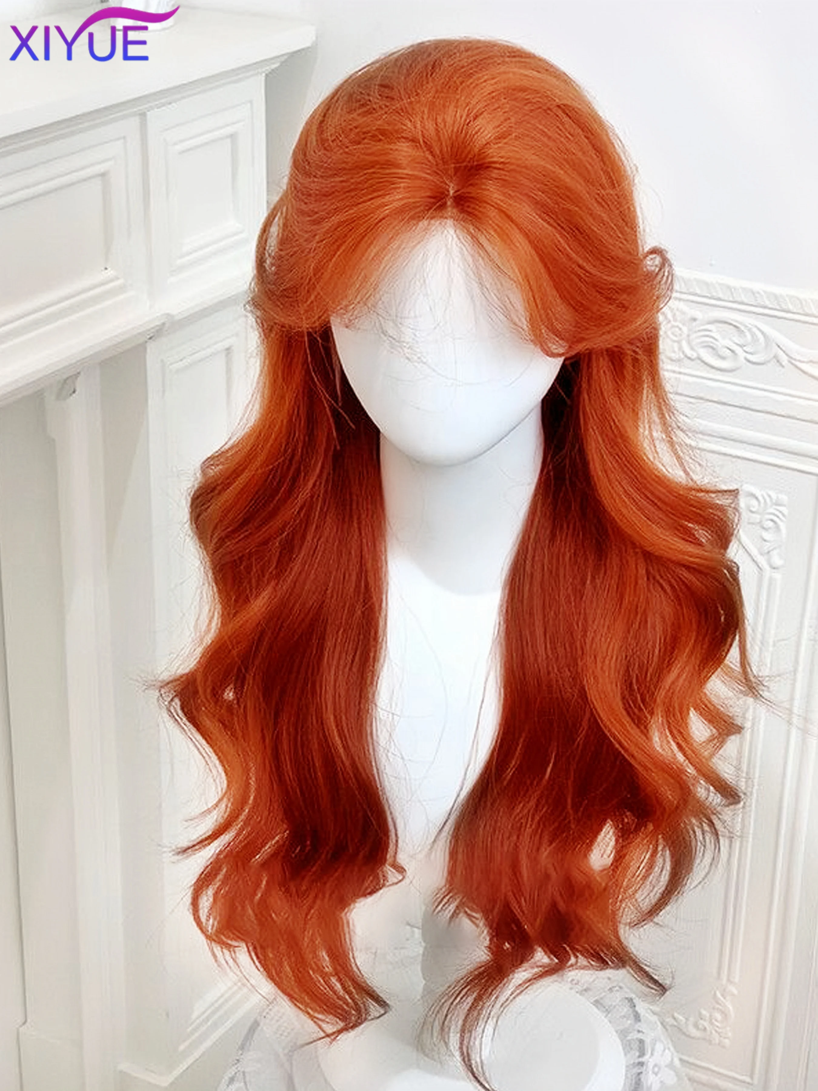 Pelucas delanteras de encaje sintético para mujer, pelo largo liso, rojo, marrón, cobre, jengibre, ondas naturales, con flequillo, Cosplay, resistente al calor