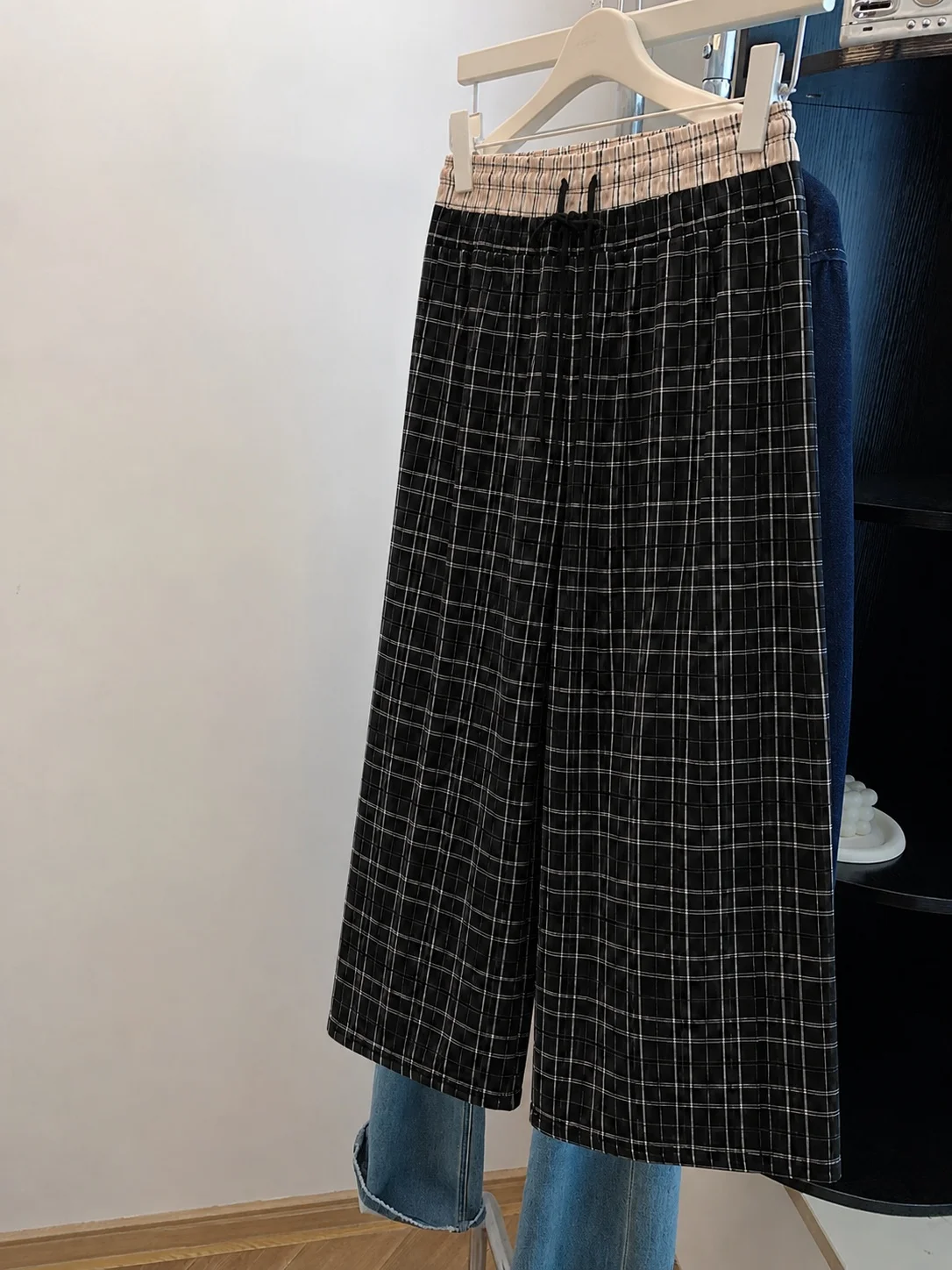 Retro Korean Wide Leg A-Line Straight Pants Unisex Summer Trendy High Street Plaid Splicing Slimming Long Trousers