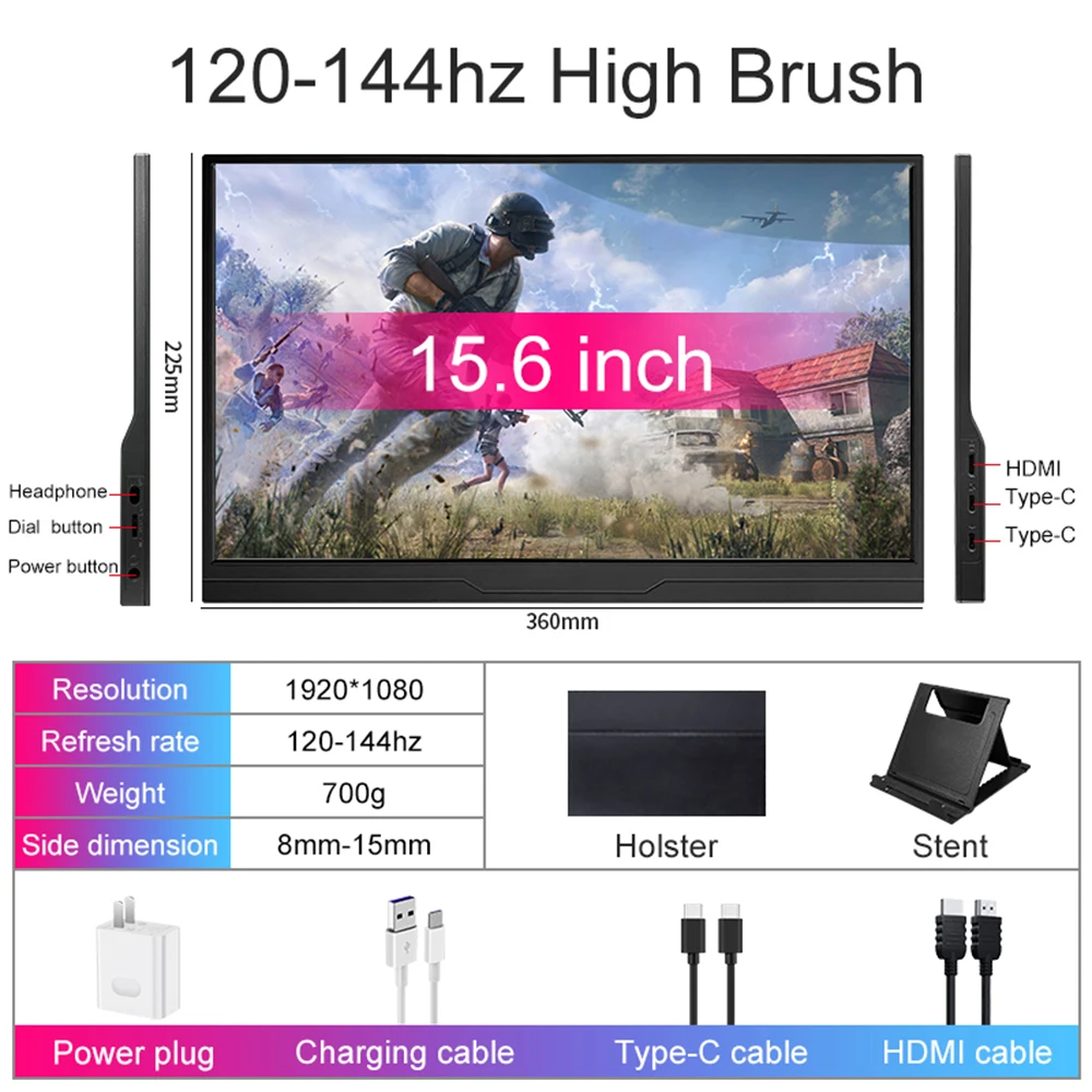 15.6inch 144Hz Portable Monitor PC Gaming Extended Display Laptop Second Screen Support Type C HDMI IPS Screen For Xbox Switch