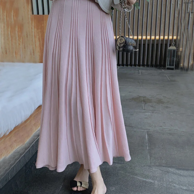 

Elegant Knitted Skirt Female Korean Big Swing Long Umbrella Skirt High Waist Autumn Winter Pleated Skirt E1939