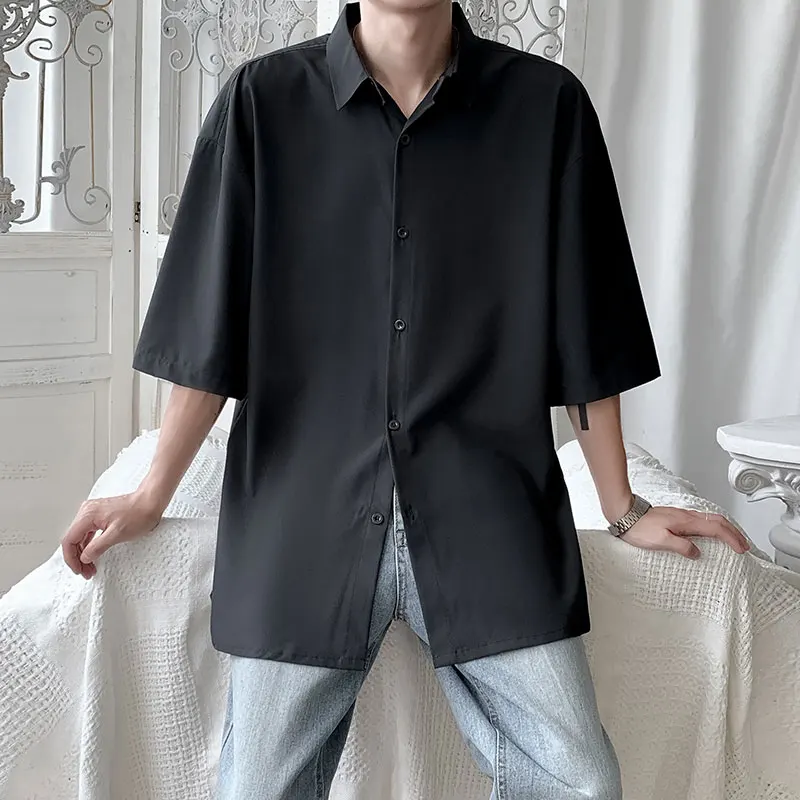 Summer Korean Fashion Drape Shirts for Men Short Sleeve Casual Comfortable Button Up Blouse White Black Gray