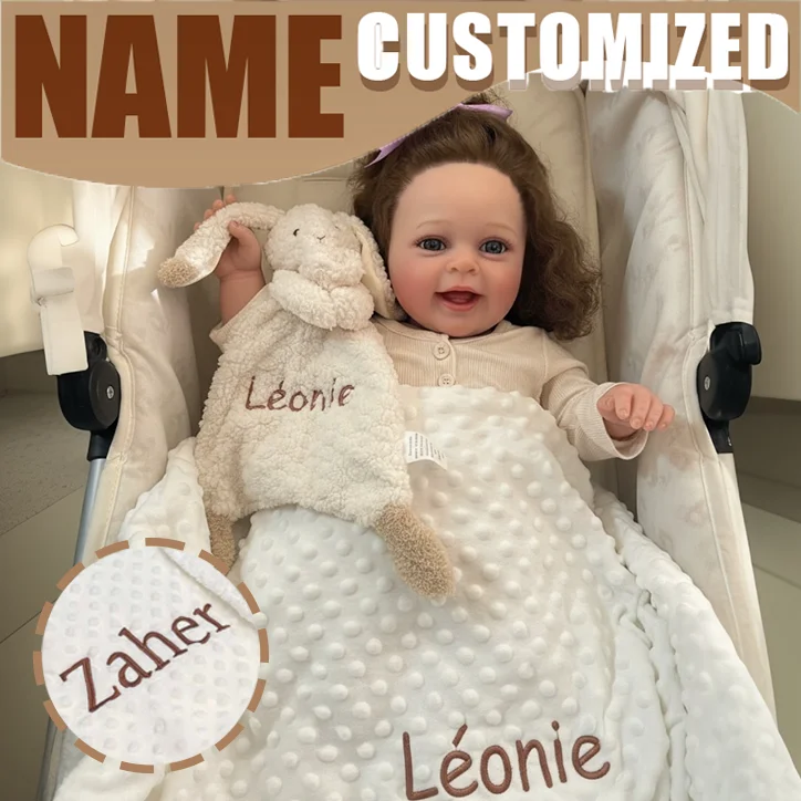 Personalizowany kocyk dla noworodka z imieniem, personalizowane pluszaki do wózka, króliczek, zestaw upominkowy dla niemowląt