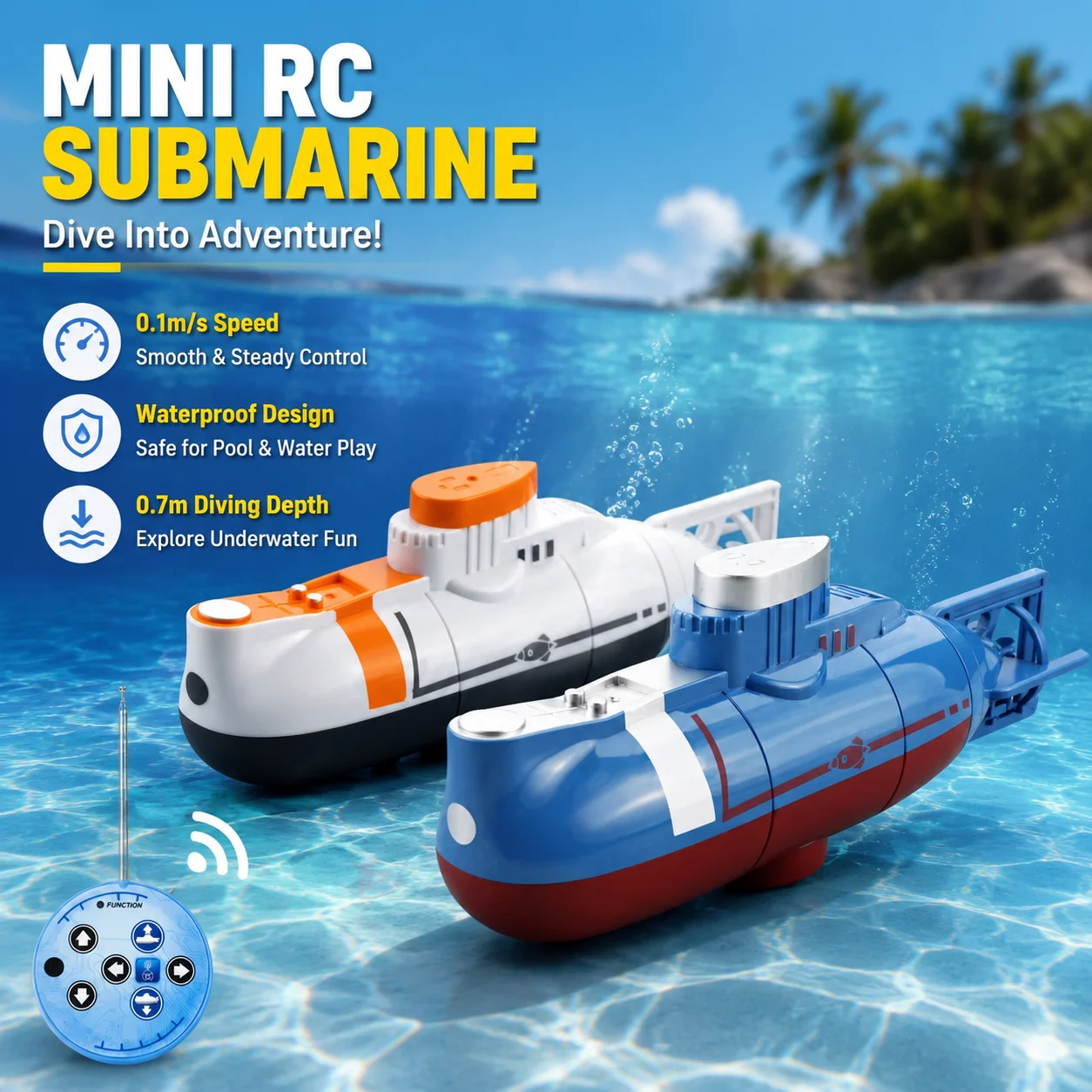 Mini RC Submarine 0.1m/s Speed Remote Control Boat Waterproof Diving Toy with 2 Motors, Static Diving System, 0.7m Depth, for