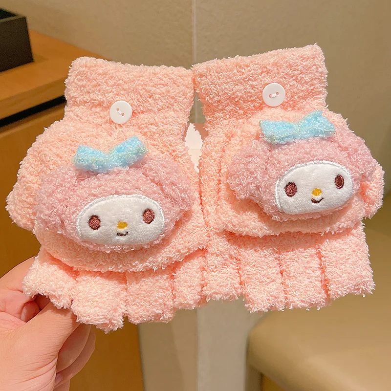 Sarung tangan bayi perempuan Sanrio Hello Kitty, sarung tangan lipat hangat tebal, sarung tangan jari terpisah, sarung tangan kartun Kuromi mewah