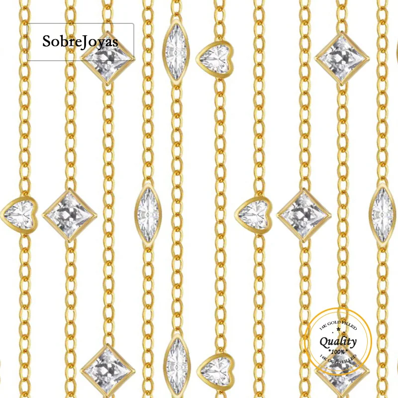 14k Gold Filled Zirconia Heart Chain Square Oval Chain 1 Meter DIY Jewelry Making Accessories Link Chain for Sale