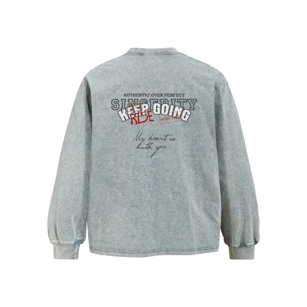 MWJLPWQ Letter Print Distressed Long-Sleeve T-Shirt For Men Spring Autumn Solid Color Loose Washed Round Neck American Top 20625