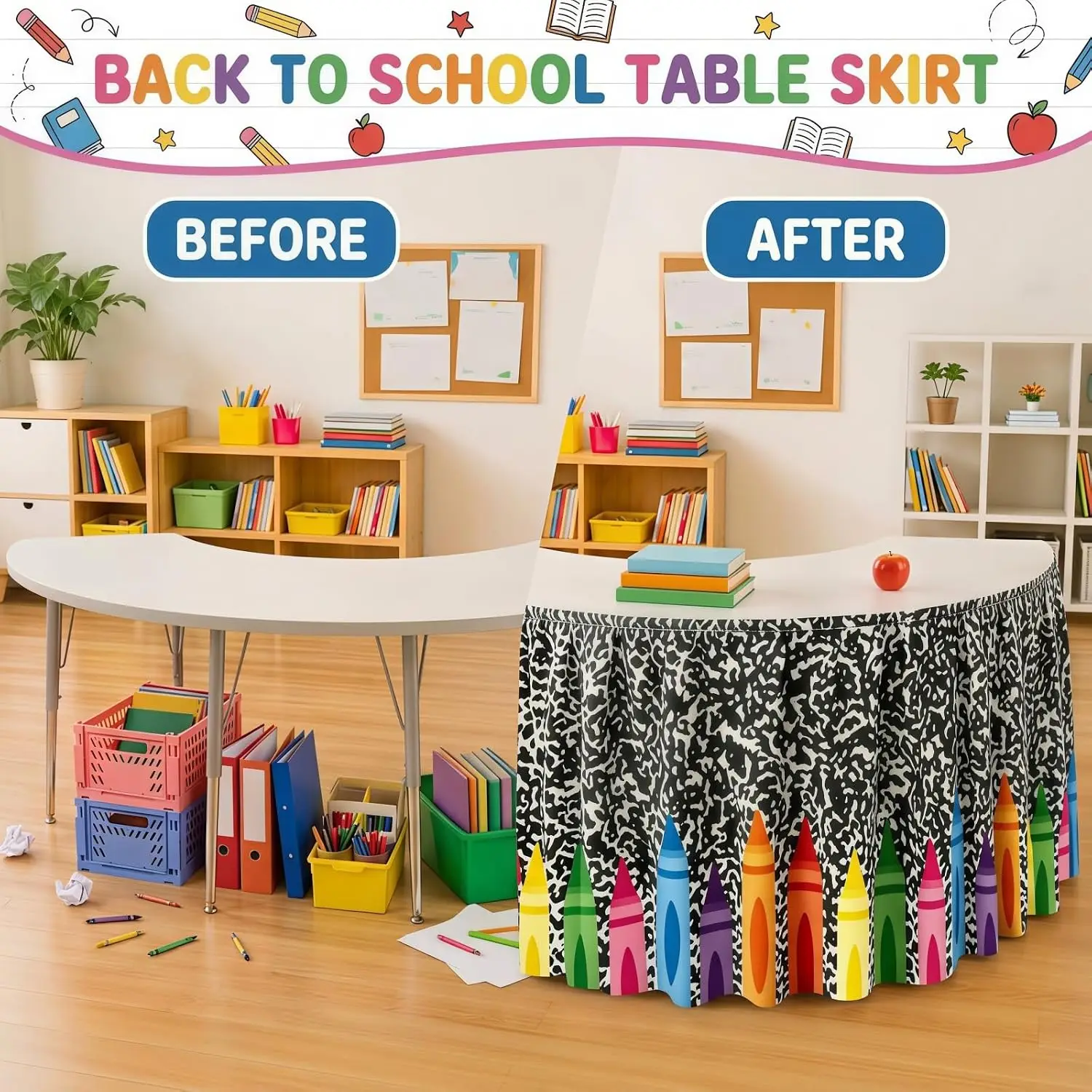 The table skirt with frilled edges and the colorful multi-layer curtains are suitable for classroom decoration.