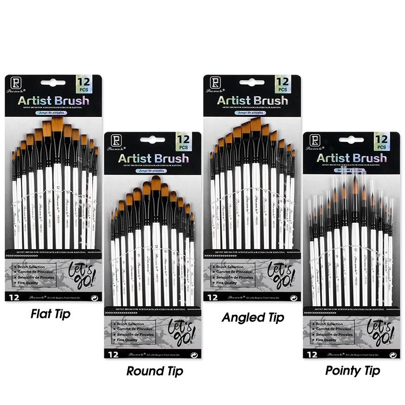 12 Pcs Paint Brushes Set,Nylon Hair Artist Brushes,4 Different Tips,Round,Flat,Pointy & Angular Paintbrushes For Artist Brushes