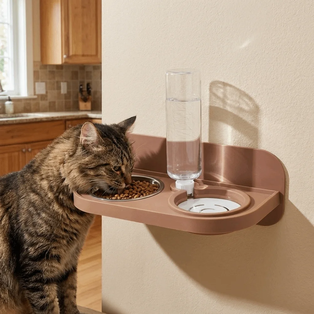 Stainless Steel Wall Mounted Cat Bowl Double Bowl Anti-Spill Cat Feeding Station Detachable Elevated Cat Water Bowl Senior Pets
