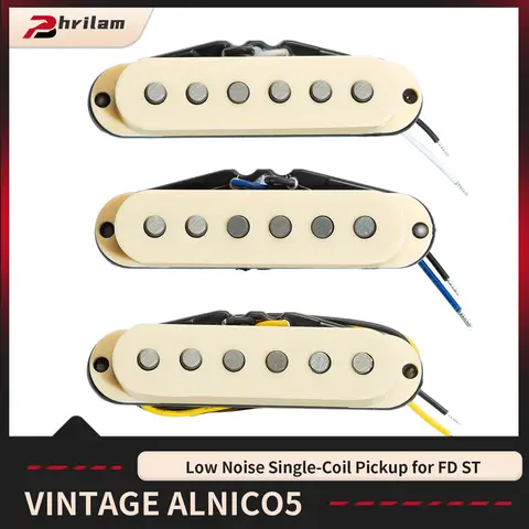 Phrilam 3pcs Alnico 5 Single Coil Pickups (Neck/Middle/Bridge) Flat Pole for Fd ST Guitar, Cream