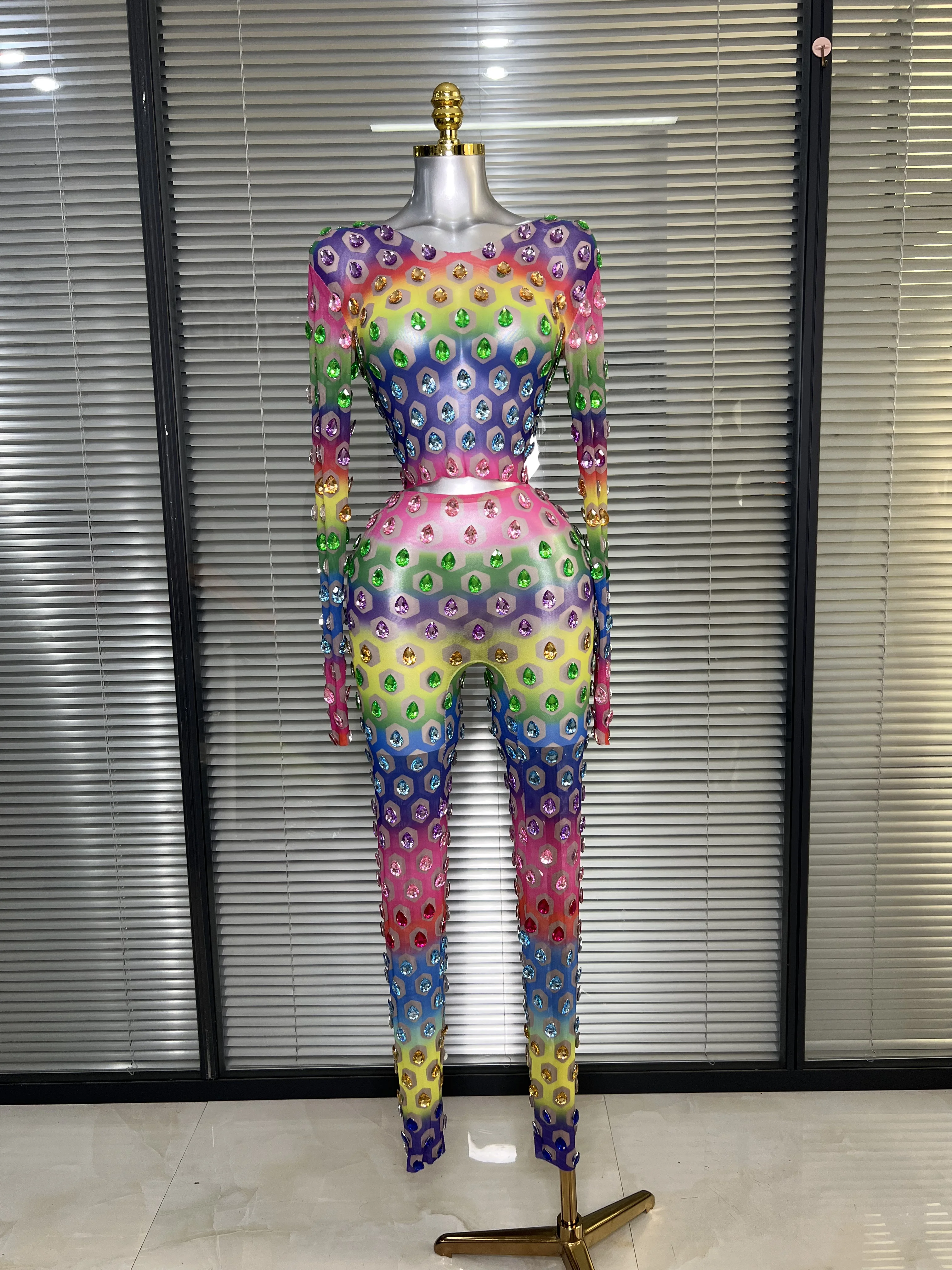 Women Sexy Two Pieces Set Crystal Diamond Night Club See Through Stretched Pants Suits Singer Dancer Stage Performance Costume