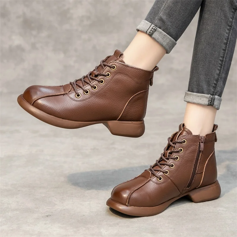 GKTINOO 2024 Winter Women Ankle Boots Genuine Leather Thick Heel Zipper Soft Soled Retro Style Casual Mother Short Boots