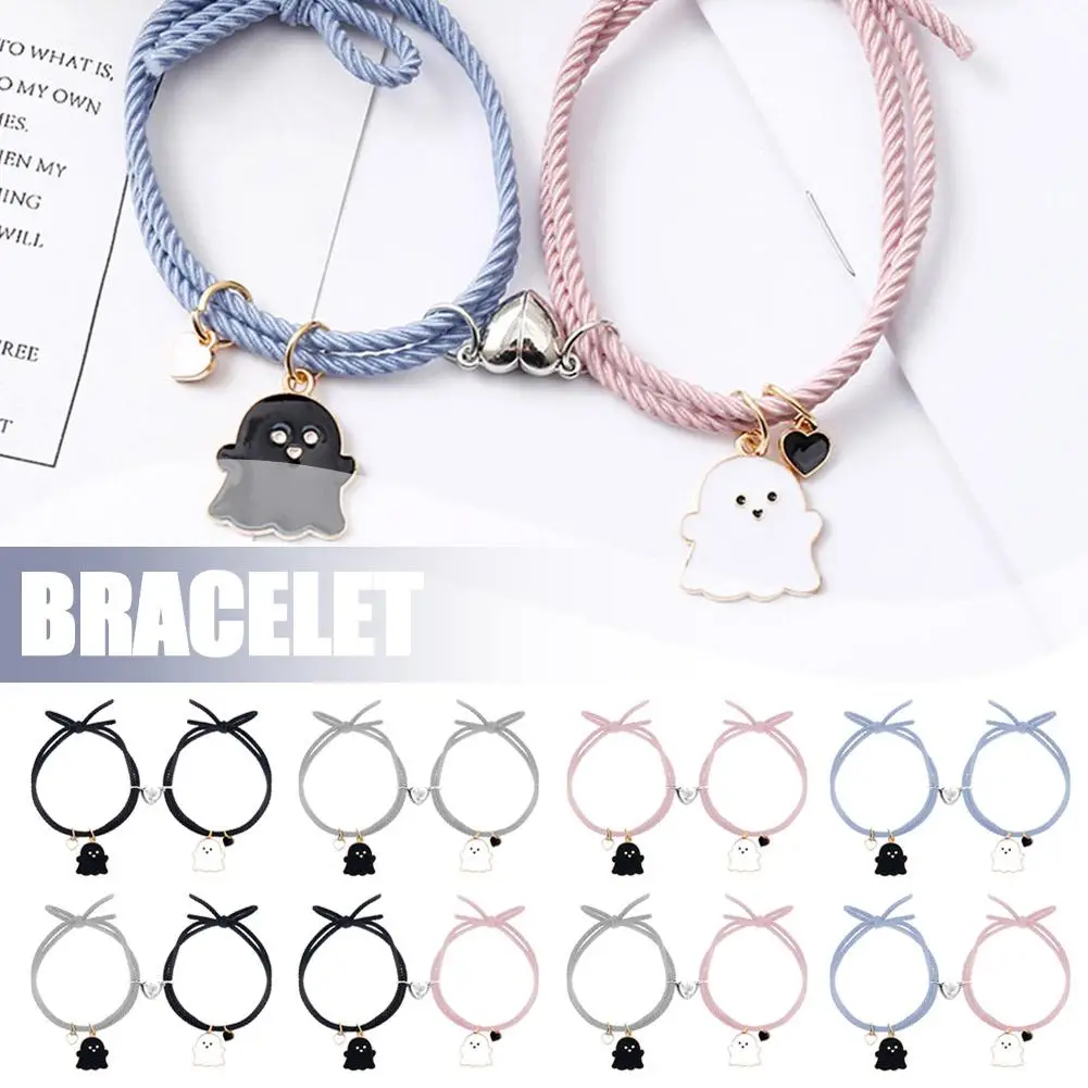 NEW High-end 2PCS Cute Ghost Braided Bracelet For Lovers Long Distance Heart Magnet Couple Bracelets Friendship Jewelry Gif P9W6