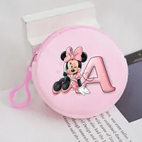 Disney Minnie Mouse Round Coin Purses A-Z Letter Plush Storage Bags Pink Anime Mini Bag Cute Cartoon Printed Zipper Bag Kid Gift