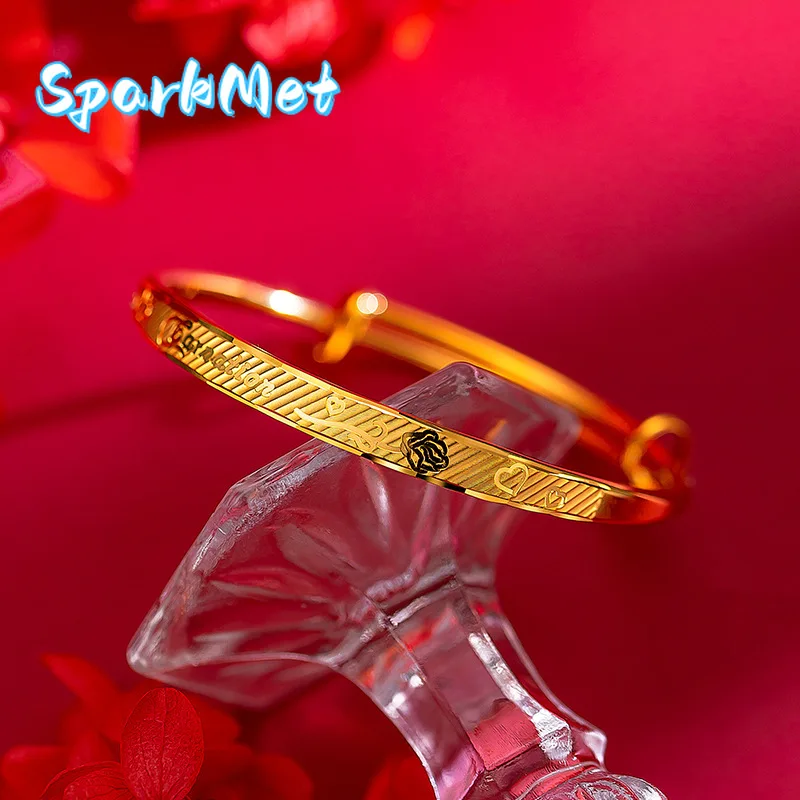 

Sparkmet Women's 9999 24K Real Gold Carnation Flower Carving Adjustable Bracelet Mom Gift Bangle