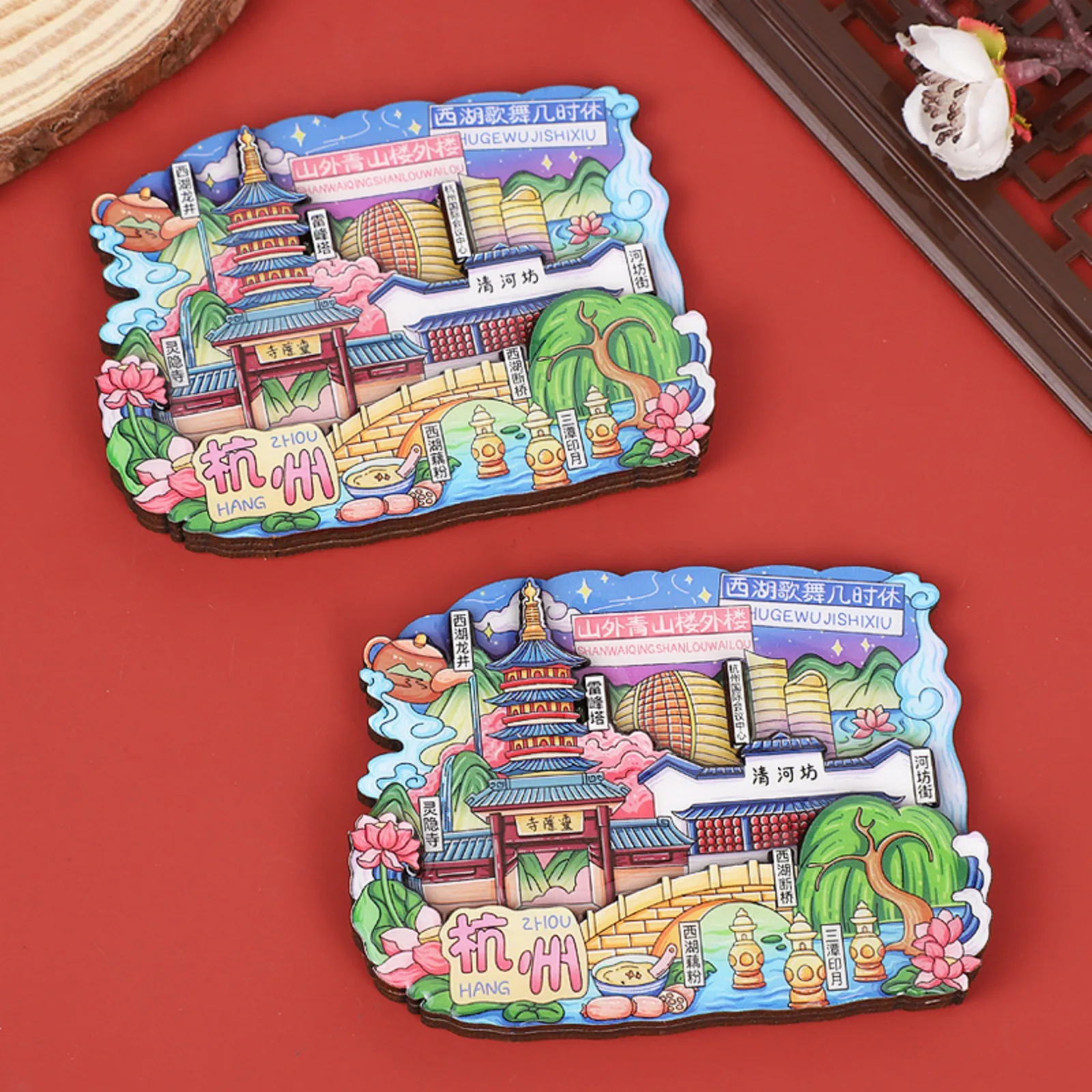 Wooden Hangzhou Landmarks Refrigerator Magnets Home Decor Fridge Stickers China Travel Souvenir Gift