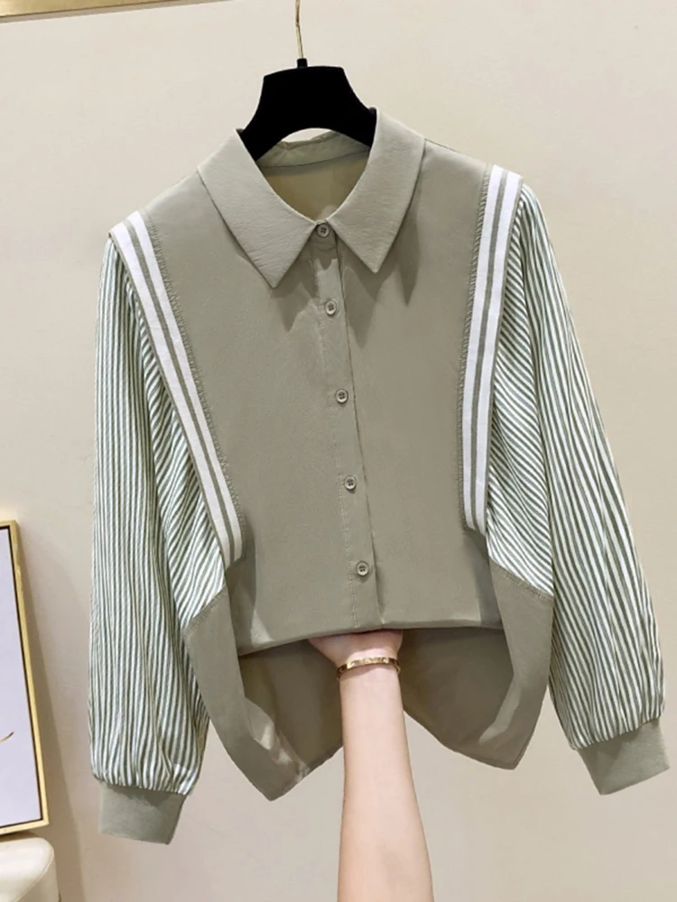 

Spring and Fall Striped Fake Two Piece Blouse Women's Long Sleeve Lapel Collar Fashion Casual Unique Loose Oversized Shirt
