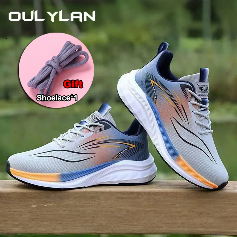 

Oulylan Men Non Slip Sneakers Mesh Fabric Breathable Leisure Footwear Thick Soled Wear Resistant Runshoes Lace Up Sport Shoes