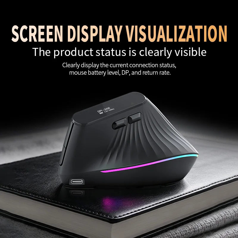 Rechargeable Wireless Mouse with Screen Display & LED Backlit,Ergonomic Bluetooth&2.4G Wireless Vertical Mouse for Windoe/Mac OS