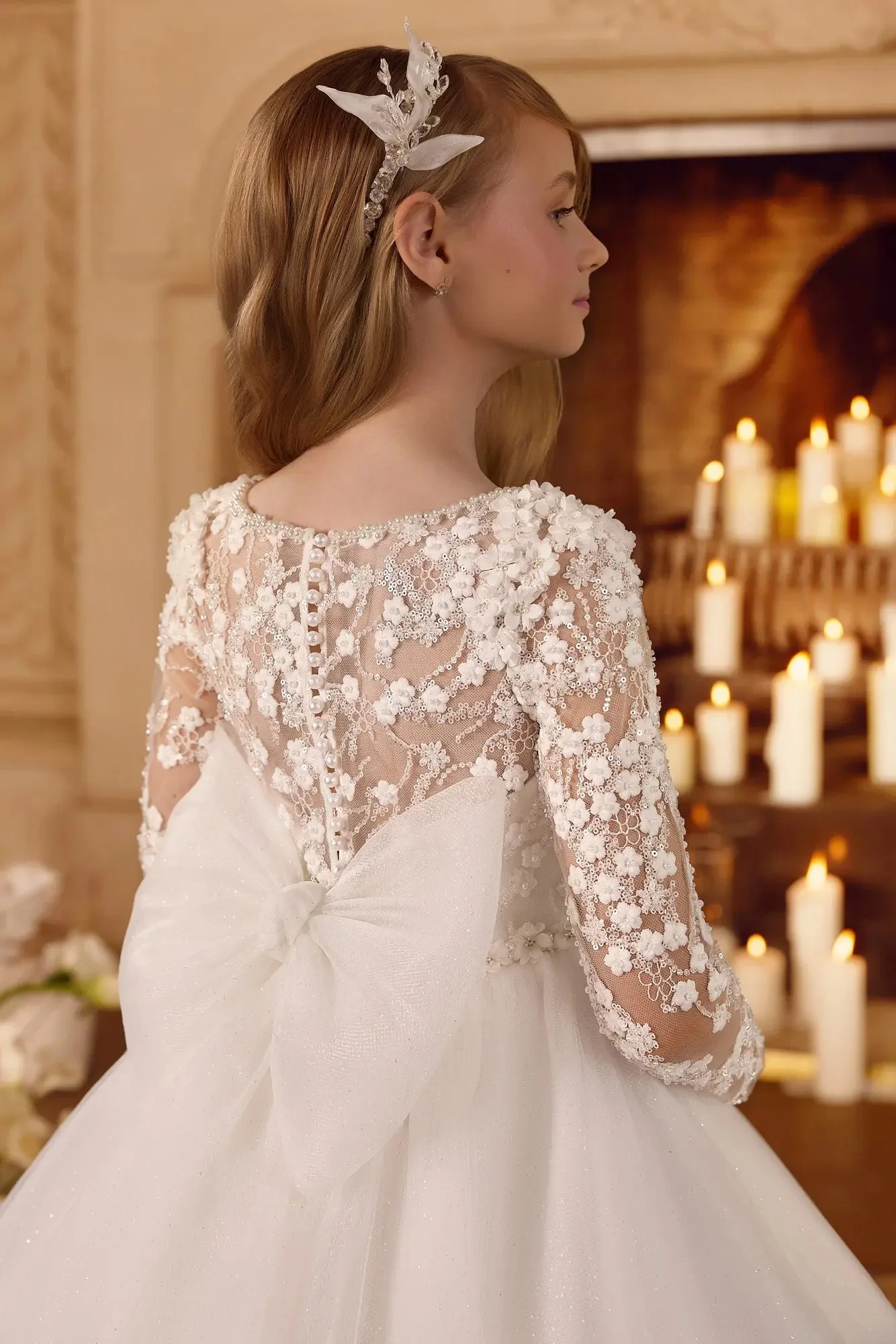 Vestido de niña de flores de color marfil personalizado para boda, cuello redondo, mangas completas, apliques hinchados, vestido de primera comunión para fiesta de cumpleaños de bebé