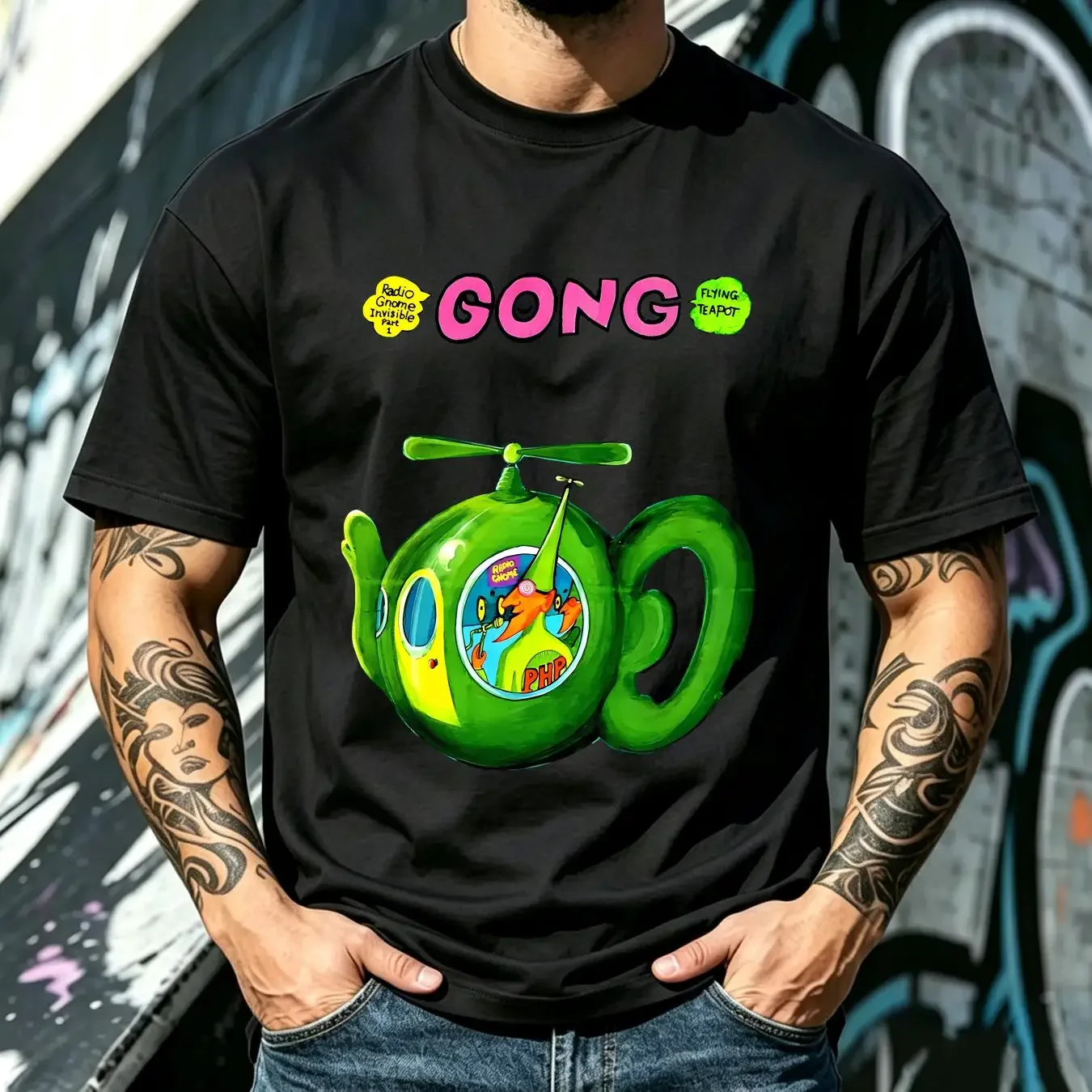 washed T Shirt Gong Rock Band Daevid Allen Flying Teapot Didier Malherbe Pip Pyle long sleeves vintage Washed designer clothes
