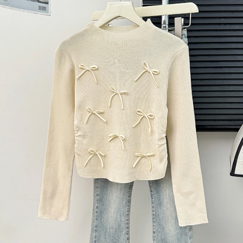 Korean Sweet Three-dimensional Bow Half Turtleneck Long Sleeve Knitted Sweater For Women