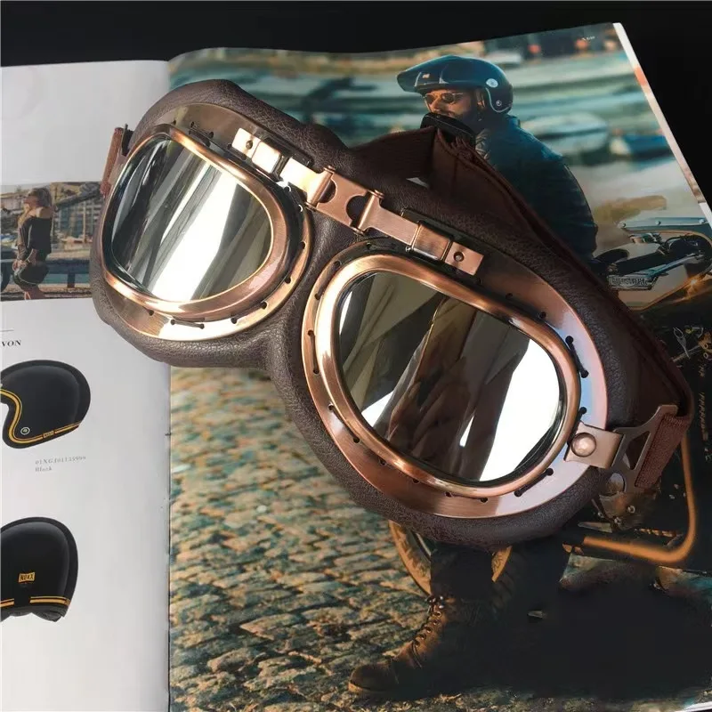Vintage Retro Motorcycle Goggles Windproof Vintage Moto Classic Goggles for Harley‑Style Pilot Steampunk ATV Bike Copper Helmet